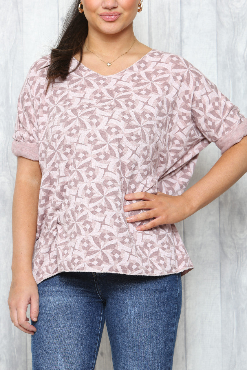 Dames Fijne Gebreide Trui met Geometrische Print - Dusty Roze