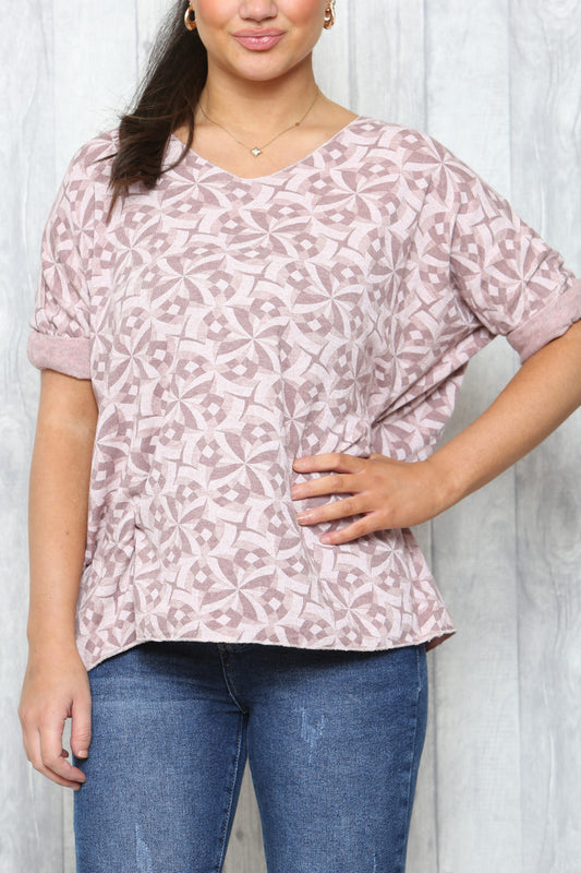 Dames Fijne Gebreide Trui met Geometrische Print - Dusty Roze