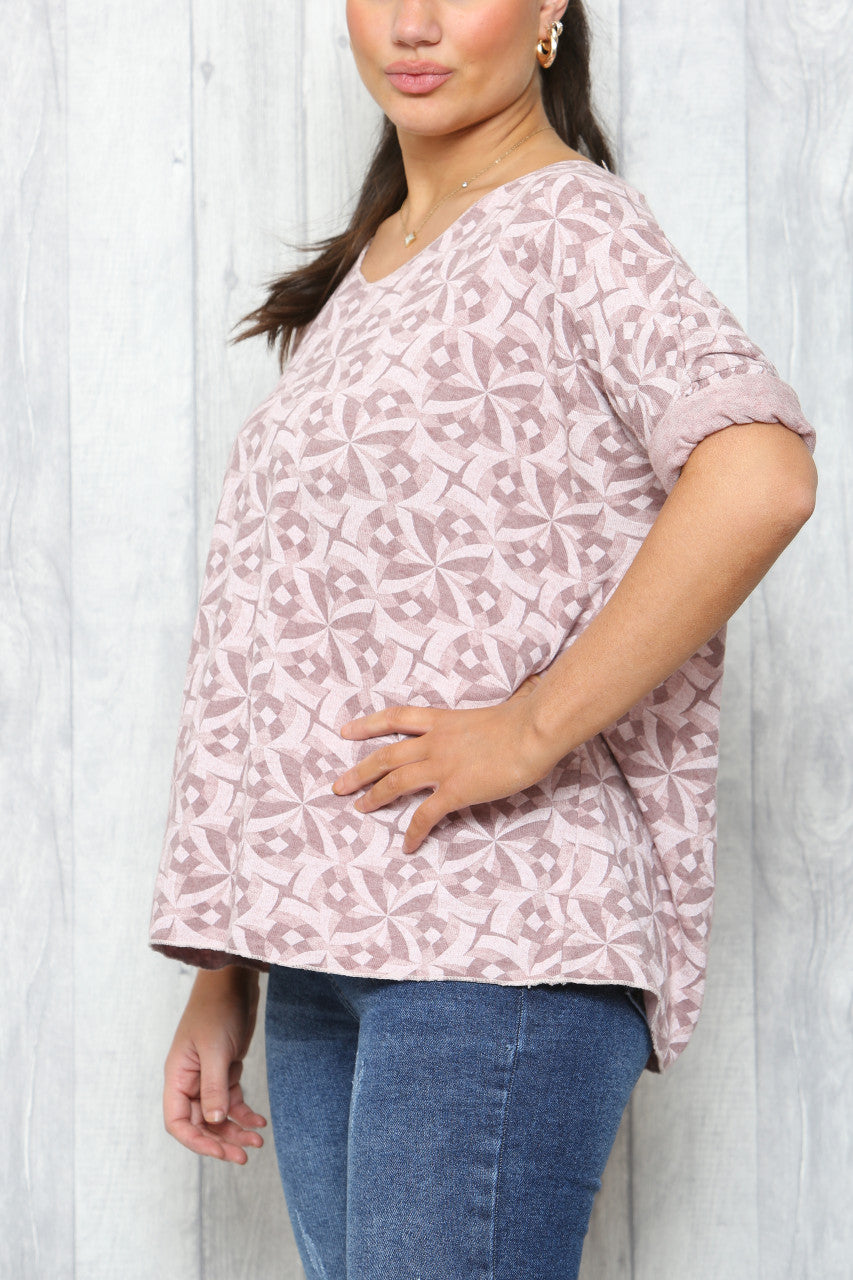 Dames Fijne Gebreide Trui met Geometrische Print - Dusty Roze
