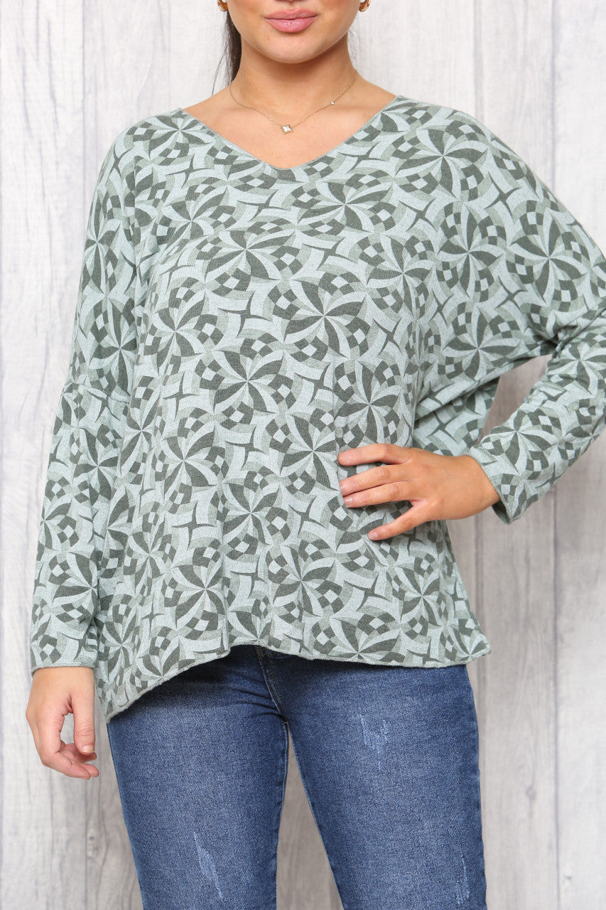 Ladies Geo Print Fine Knit Jumper Top Khaki