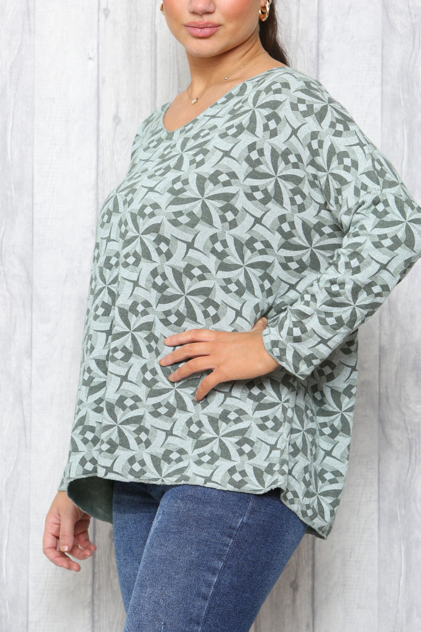Ladies Geo Print Fine Knit Jumper Top Khaki