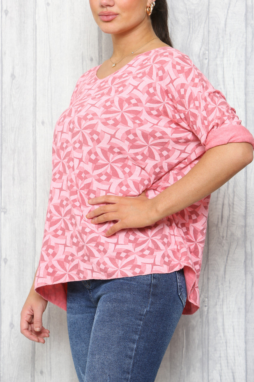 Ladies Geo Print Fine Knit Jumper Top Coral