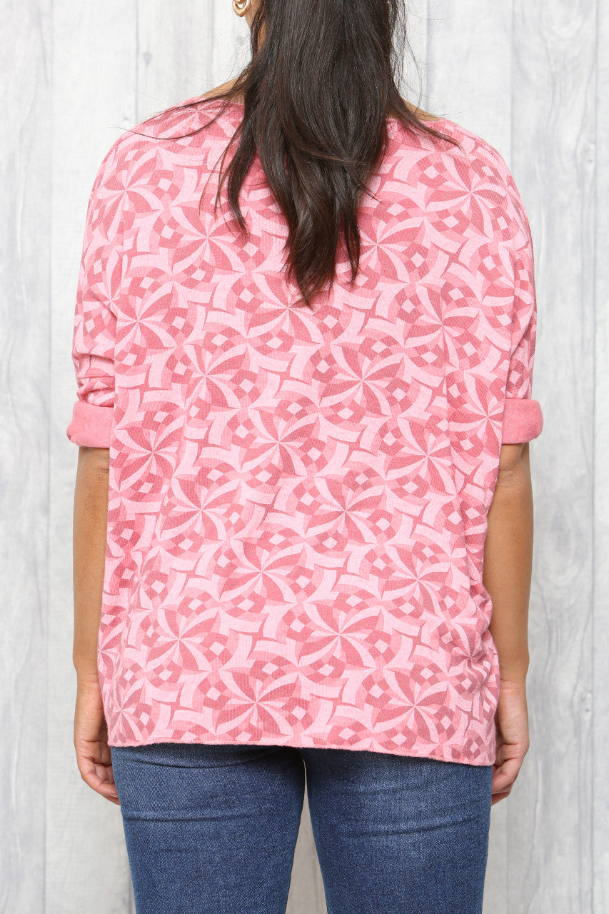 Ladies Geo Print Fine Knit Jumper Top Coral