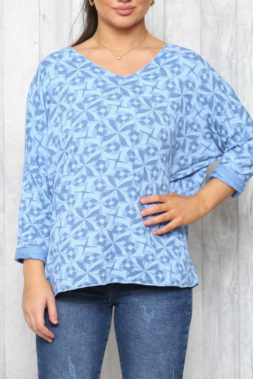 Ladies Geo Print Fine Knit Jumper Top Sky Blue