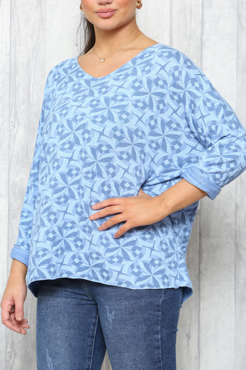 Ladies Geo Print Fine Knit Jumper Top Sky Blue