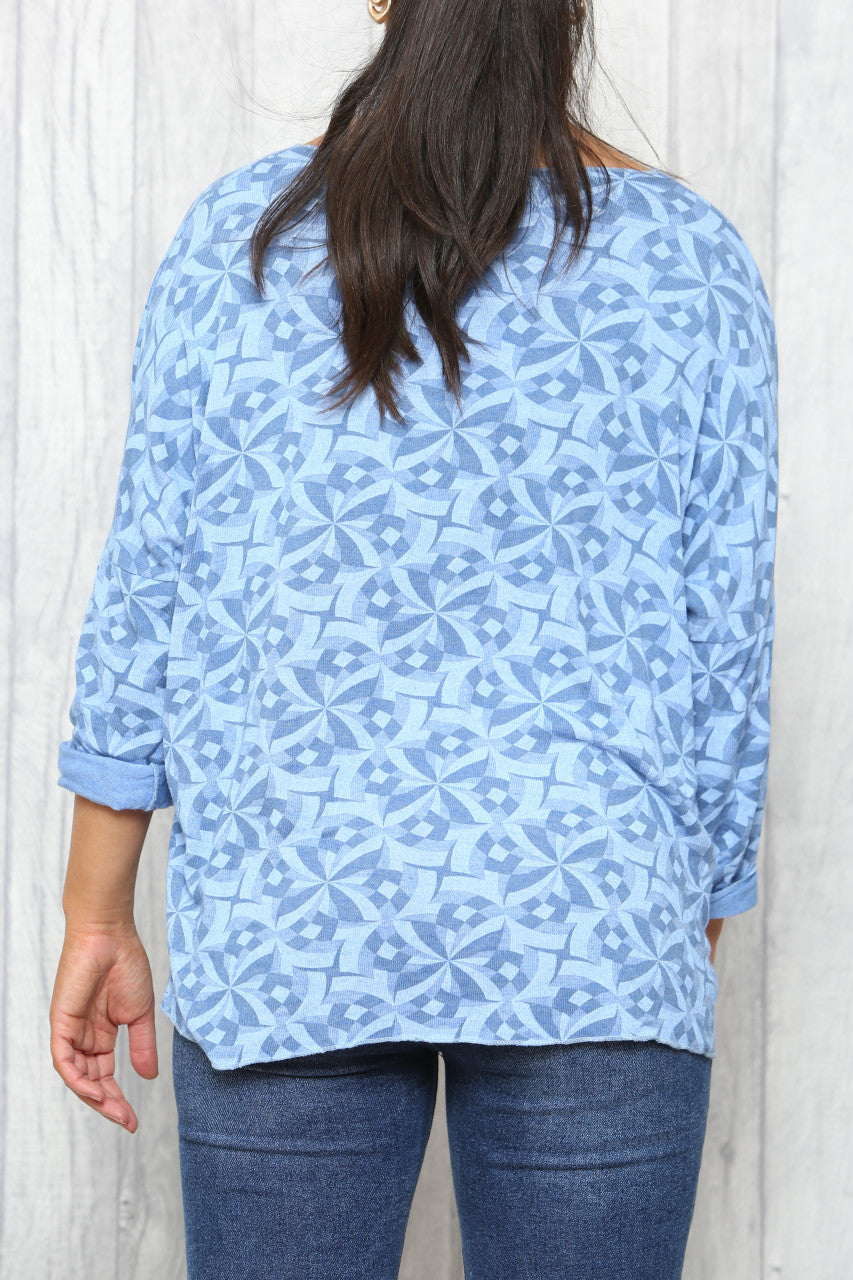Ladies Geo Print Fine Knit Jumper Top Sky Blue