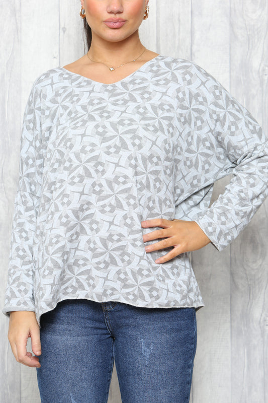 Dames Geo Print Fijne Gebreide Trui Top Zilver