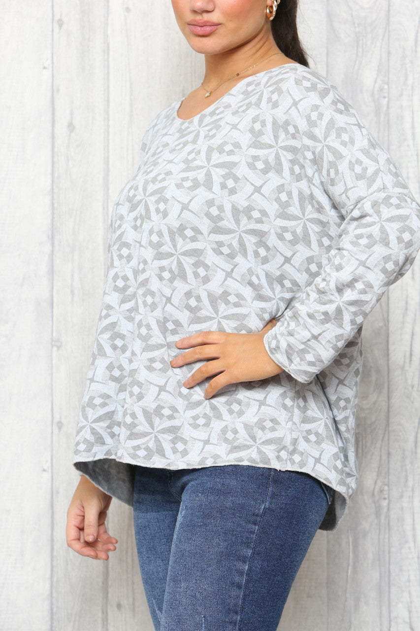 Ladies Geo Print Fine Knit Jumper Top Silver