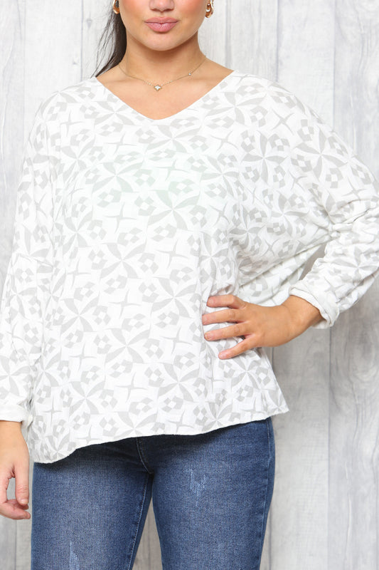 Dames Fijngebreide Trui met Geometrische Print Wit