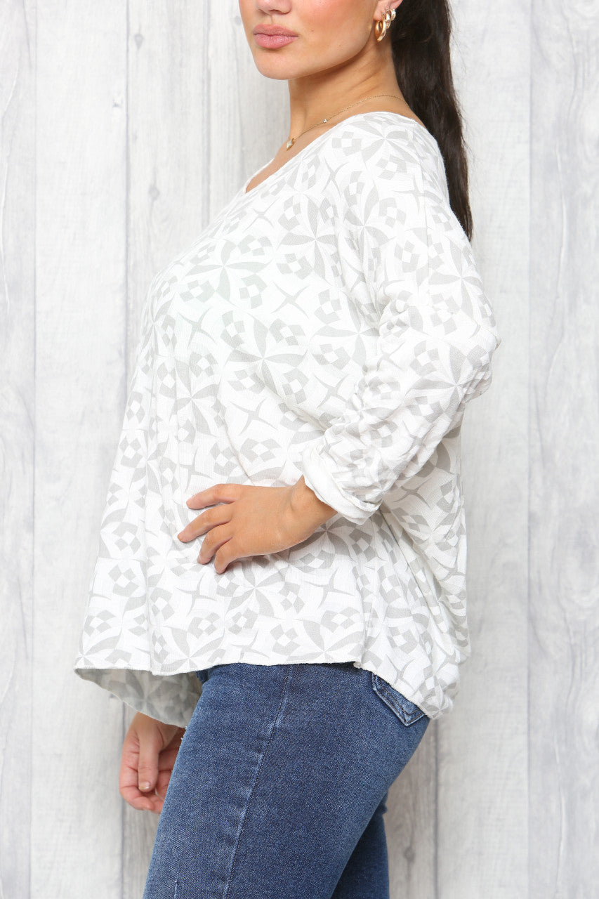 Ladies Geo Print Fine Knit Jumper Top White