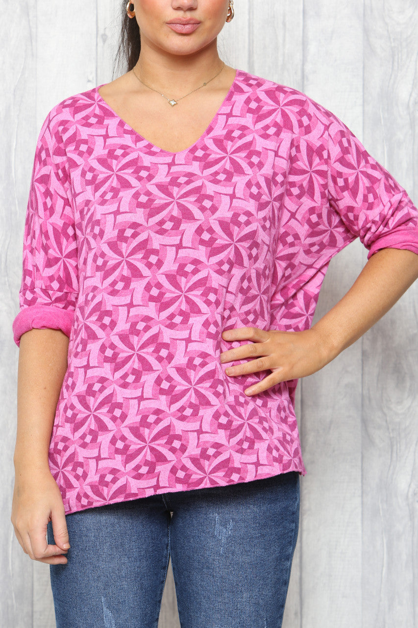 Dames Geo Print Fijne Gebreide Trui Top Cerise