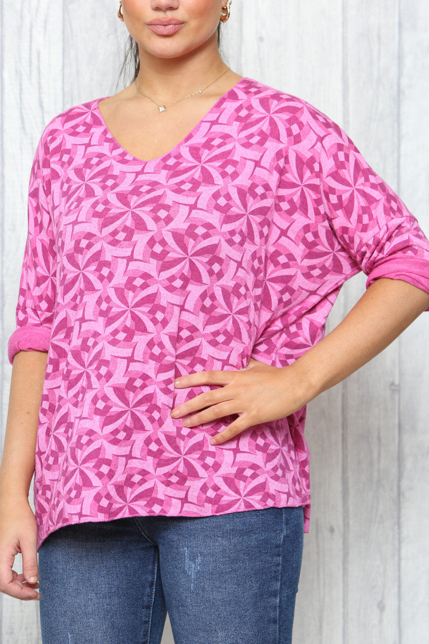 Dames Geo Print Fijne Gebreide Trui Top Cerise