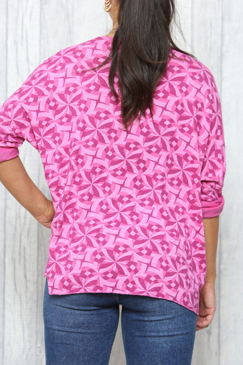 Dames Geo Print Fijne Gebreide Trui Top Cerise