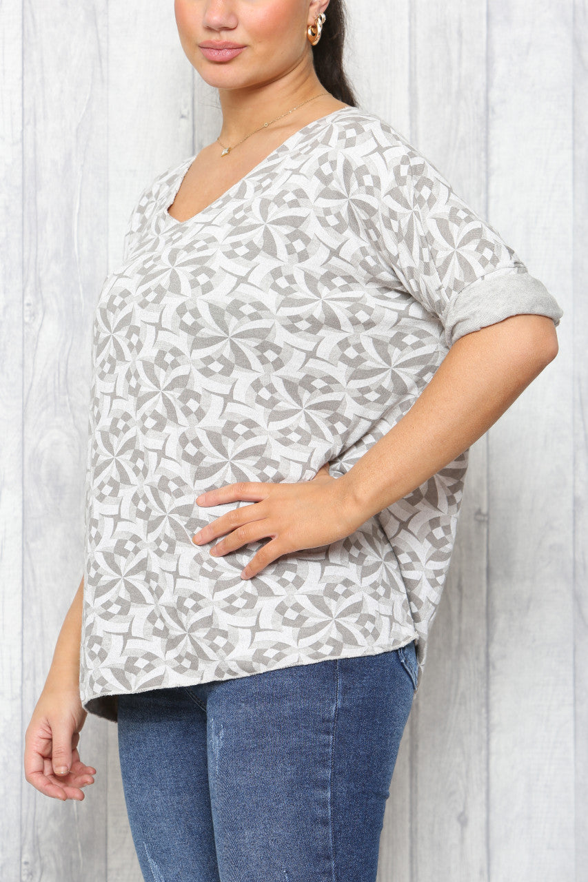 Ladies Geo Print Fine Knit Jumper Top Stone