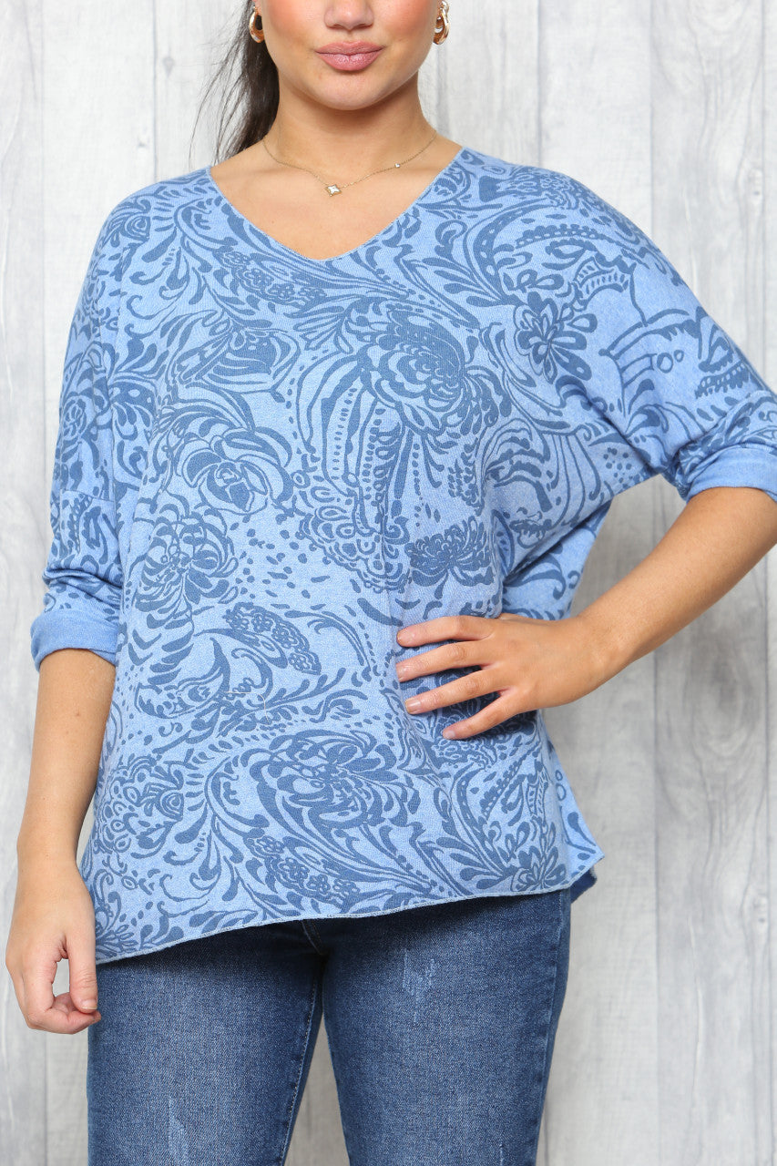 Dames Paisley Print Fijntricot Trui Top Hemelsblauw