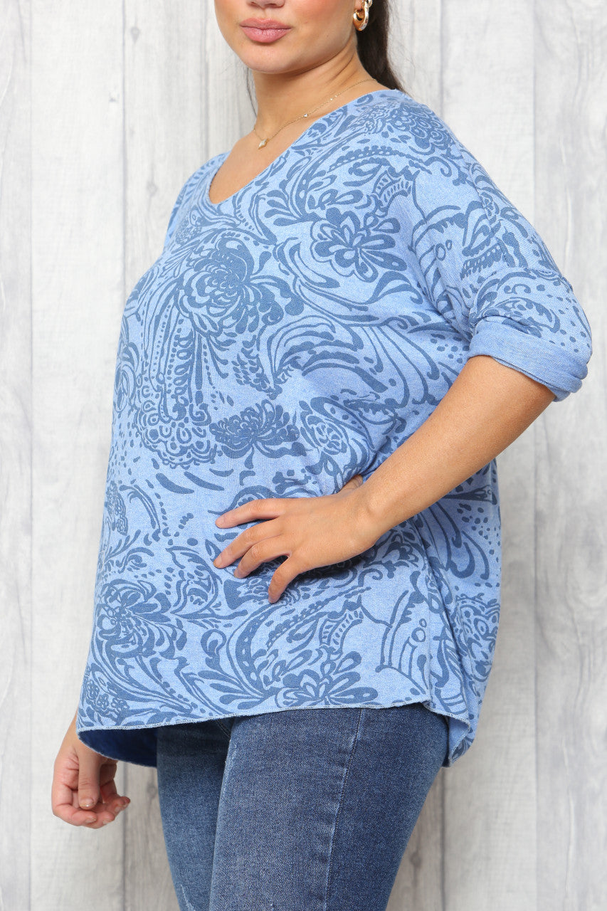 Dames Paisley Print Fijntricot Trui Top Hemelsblauw