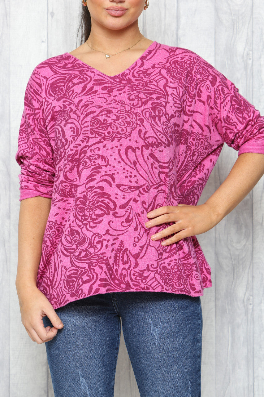 Ladies Paisley Print Fine Knit Jumper Top Cerise