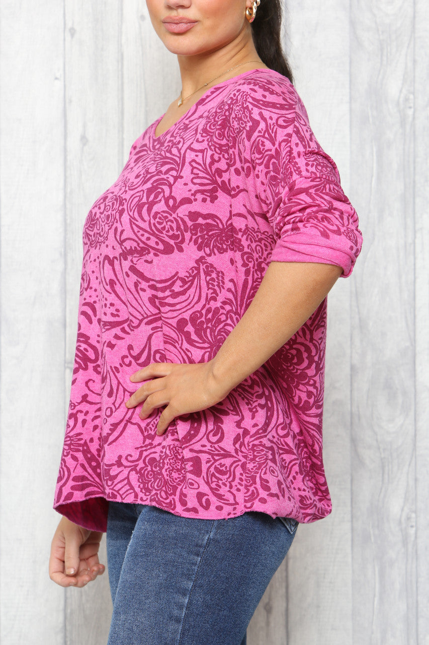 Ladies Paisley Print Fine Knit Jumper Top Cerise