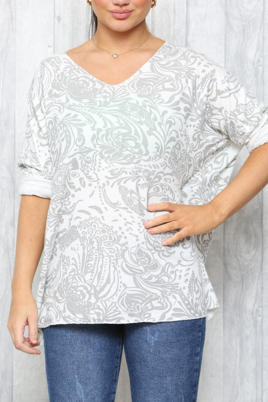 Ladies Paisley Print Fine Knit Jumper Top White