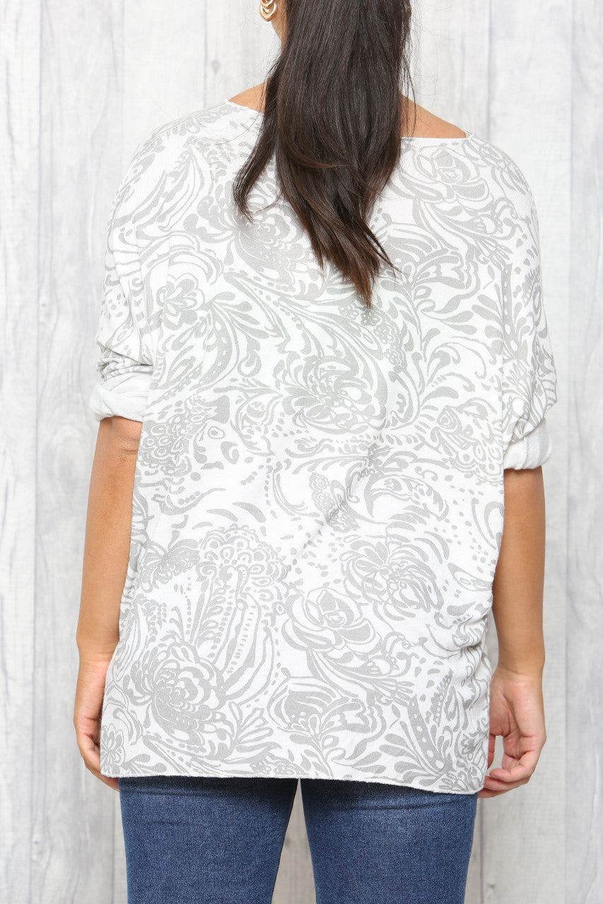 Ladies Paisley Print Fine Knit Jumper Top White