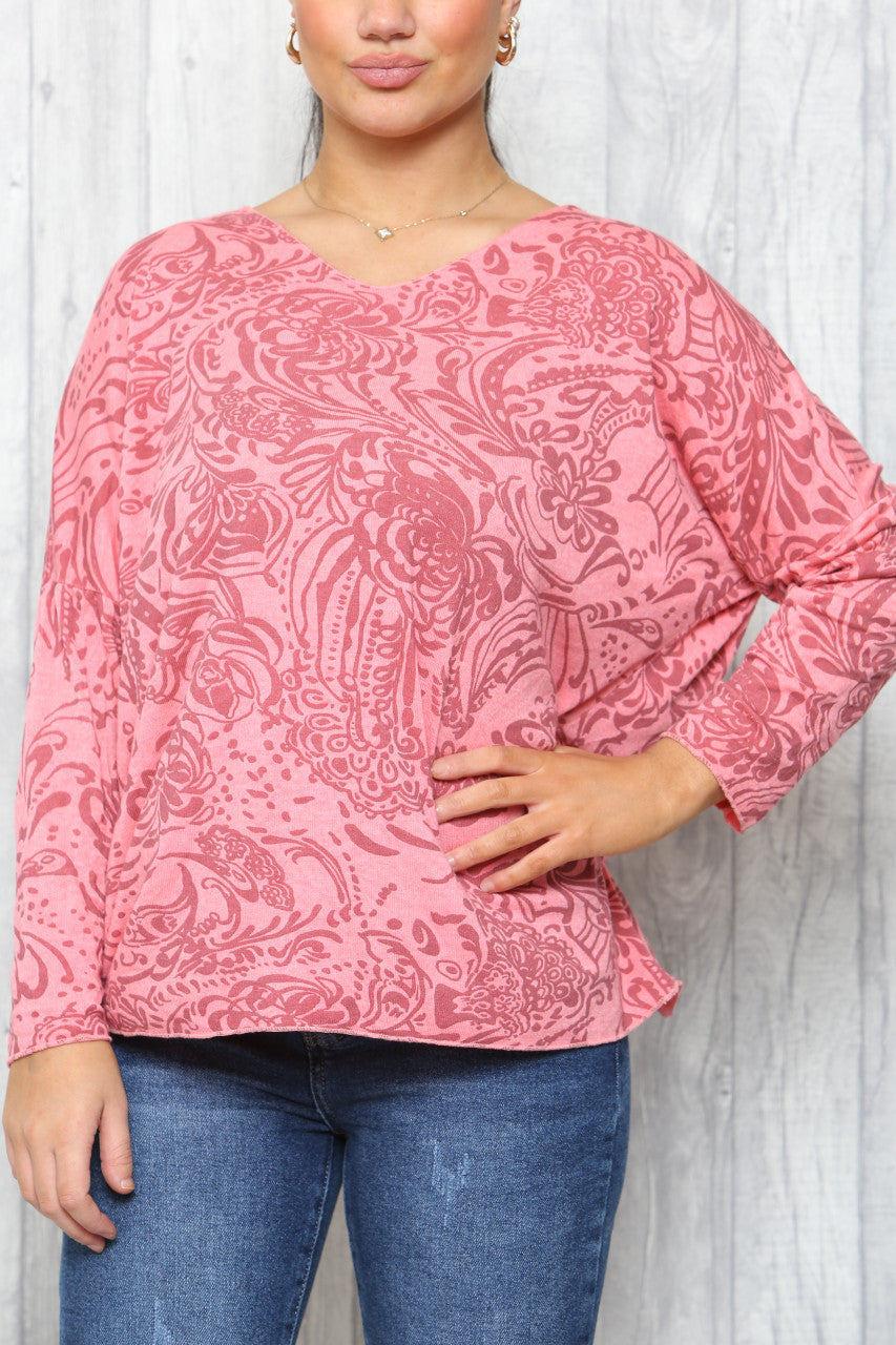 Dames Paisley Print Fijntricot Trui Koraal
