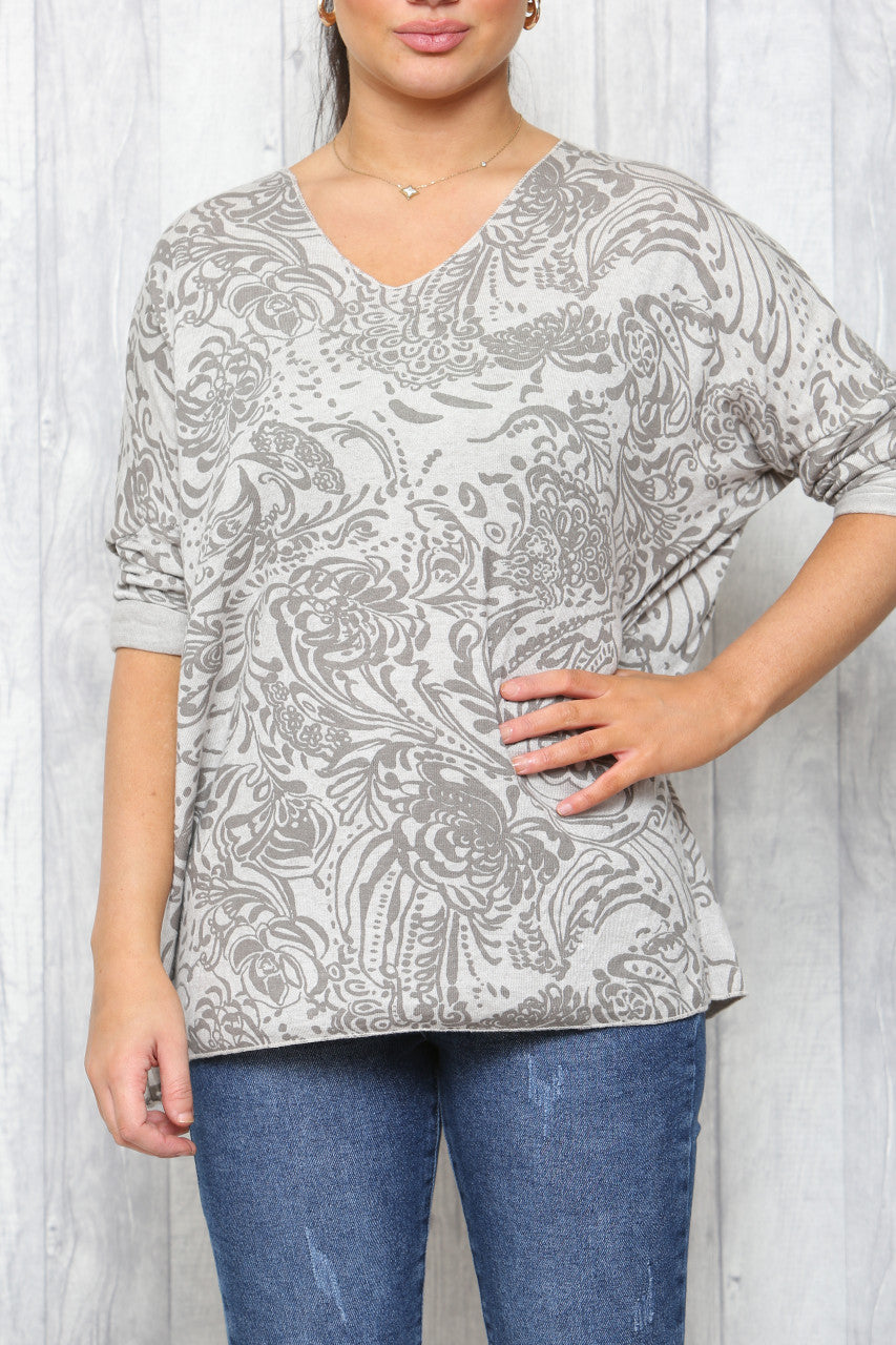 Ladies Paisley Print Fine Knit Jumper Top Stone