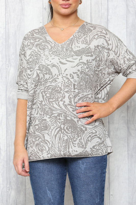Dames Paisley Print Fijne Gebreide Trui Top Stone