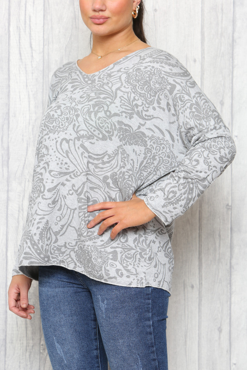 Ladies Paisley Print Fine Knit Jumper Top Silver
