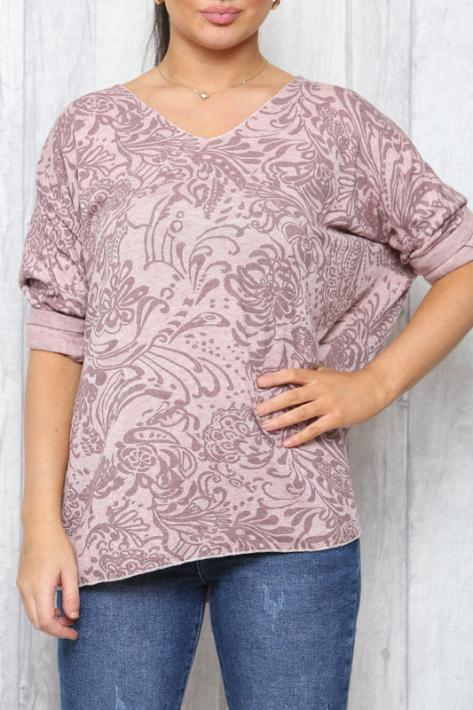 Dames Paisley Print Fijne Gebreide Trui Top Dusty Roze