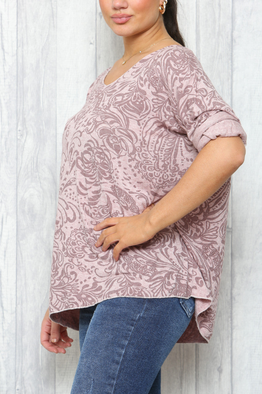 Dames Paisley Print Fijne Gebreide Trui Top Dusty Roze