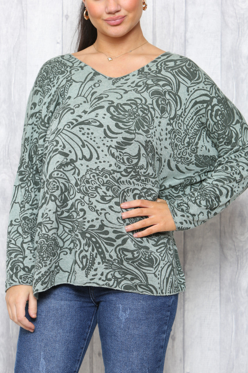Dames Paisleyprint Fijngebreide Trui Khaki