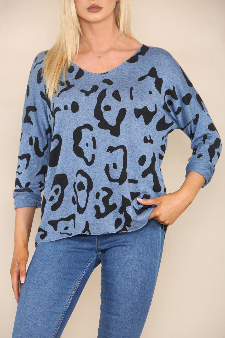 DIERENPRINT STENCIL FIJNGEBREIDE TRUI DENIM
