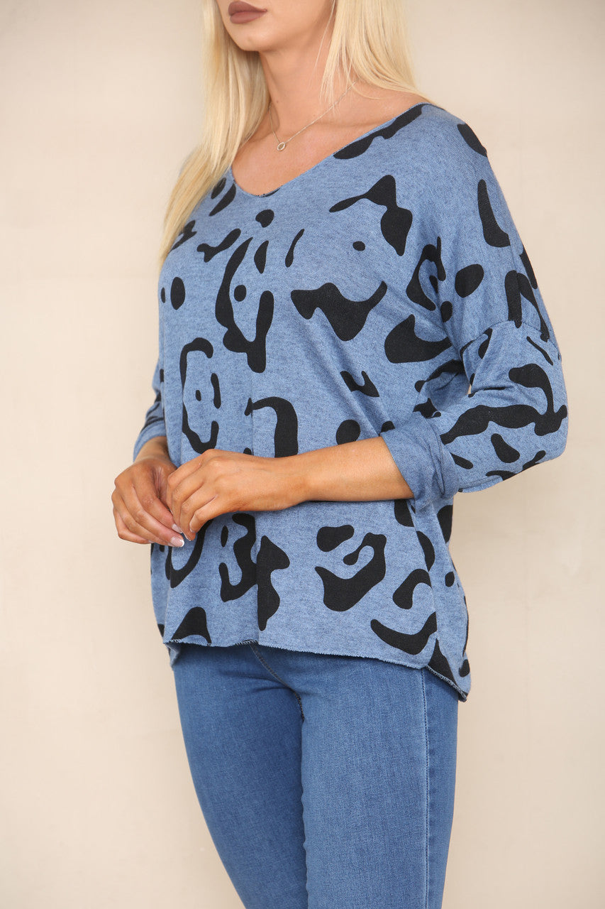 DIERENPRINT STENCIL FIJNGEBREIDE TRUI DENIM