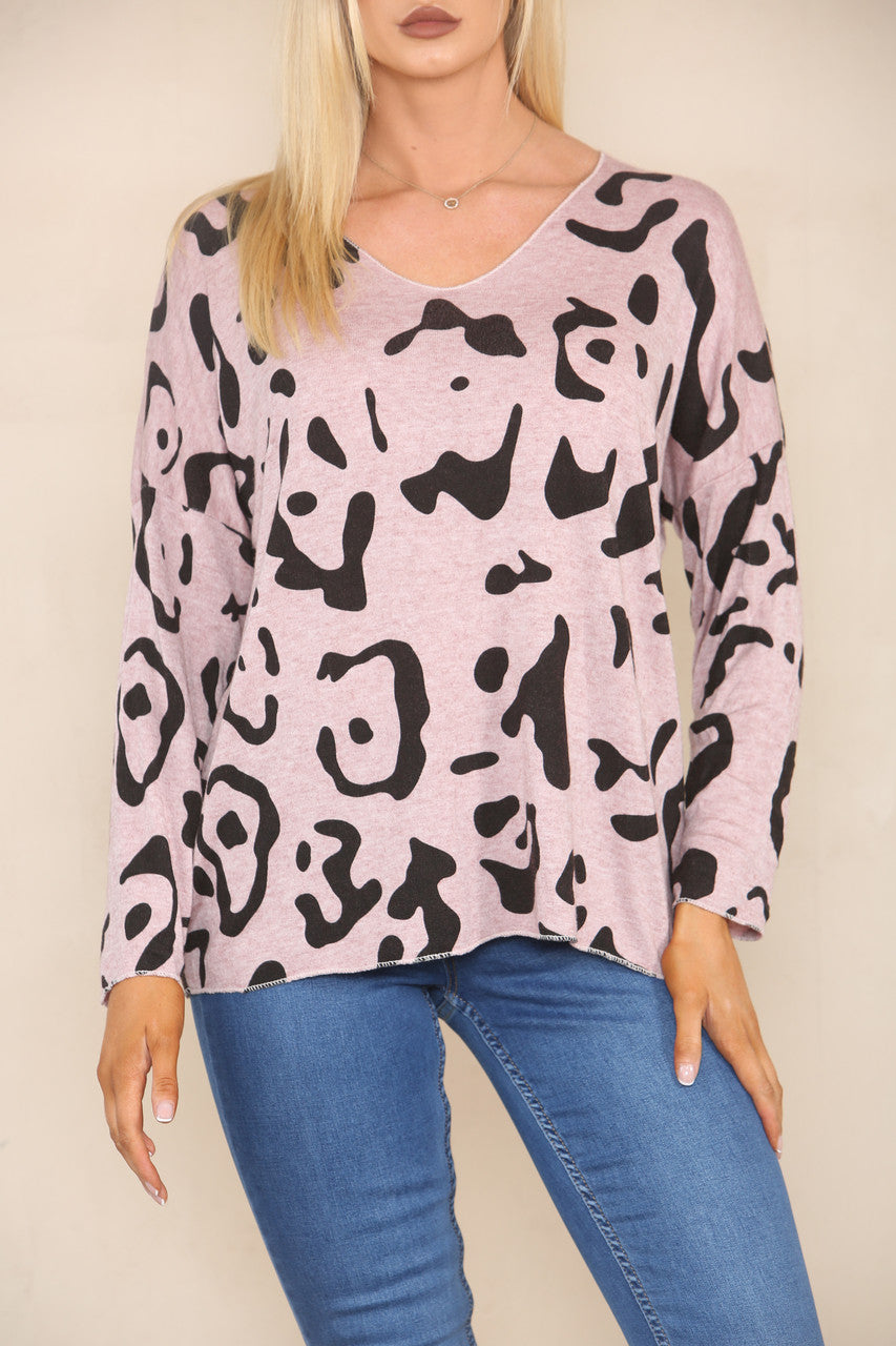 ANIMAL STENCIL PRINT FINE KNIT JUMPER DUSTY PINK