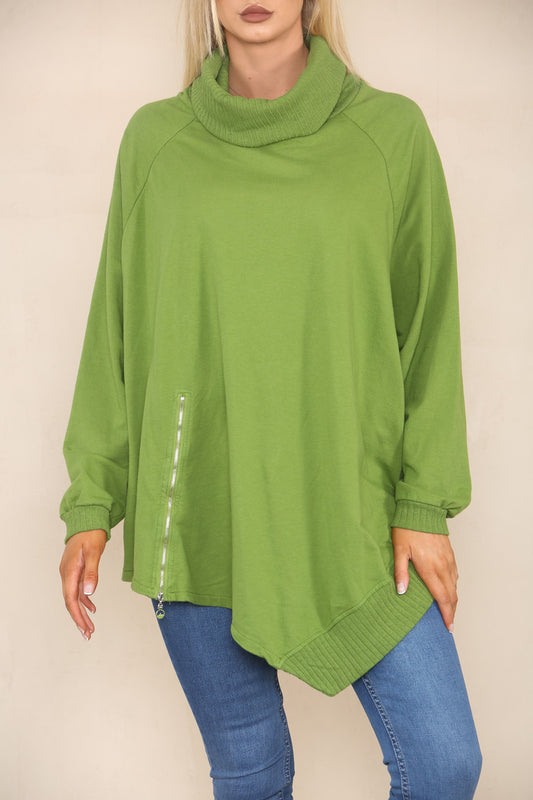 COWL NECK JUMPER WITH ZIP DETAIL GREEN