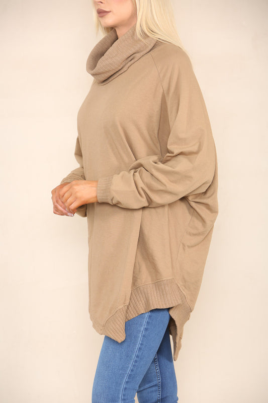 COWL NECK JUMPER WITH ZIP DETAIL TAN