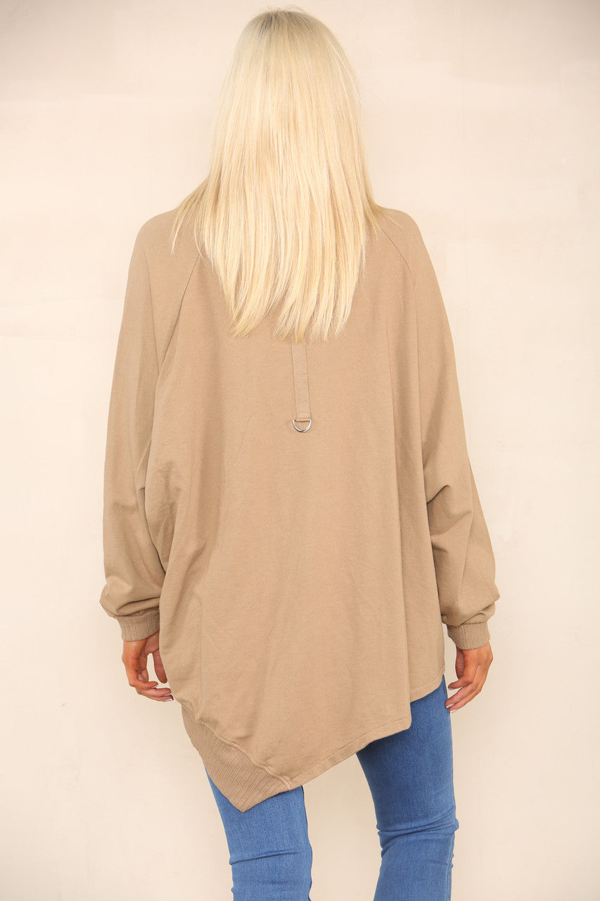 COWL NECK JUMPER WITH ZIP DETAIL TAN