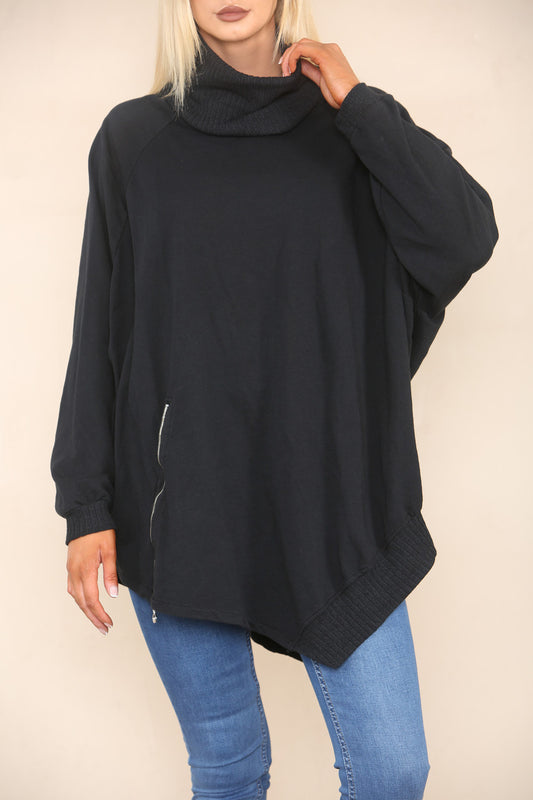 COWL NECK JUMPER WITH ZIP DETAIL BLACK
