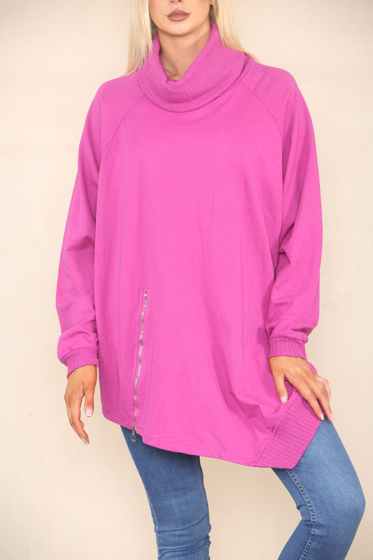 COWL NECK JUMPER WITH ZIP DETAIL CERISE