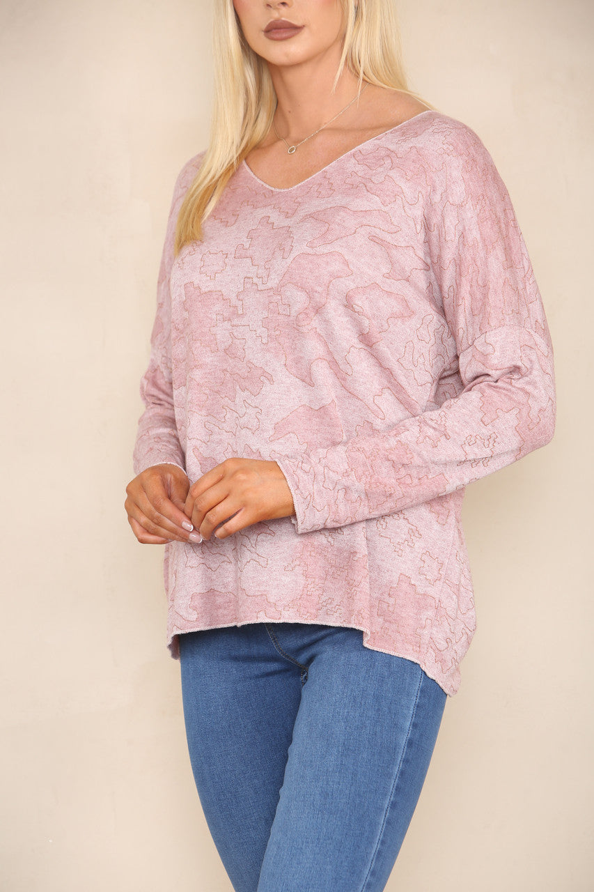 GLITTER CAMOUFLAGE PRINT FINE KNIT JUMPER DUSTY PINK