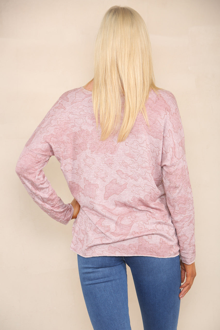 GLITTER CAMOUFLAGE PRINT FINE KNIT JUMPER DUSTY PINK
