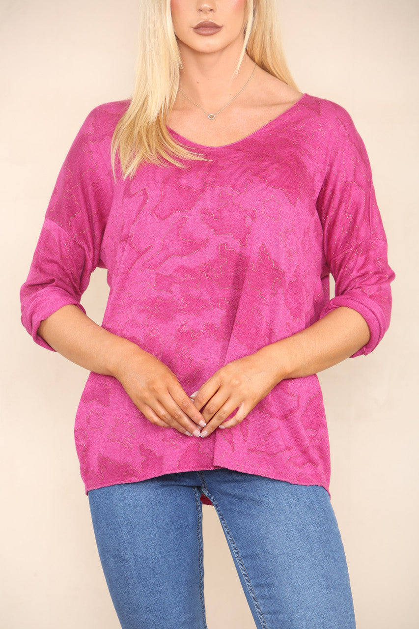 GLITTER CAMOUFLAGE PRINT FIJN GEBREIDE TRUI CERISE