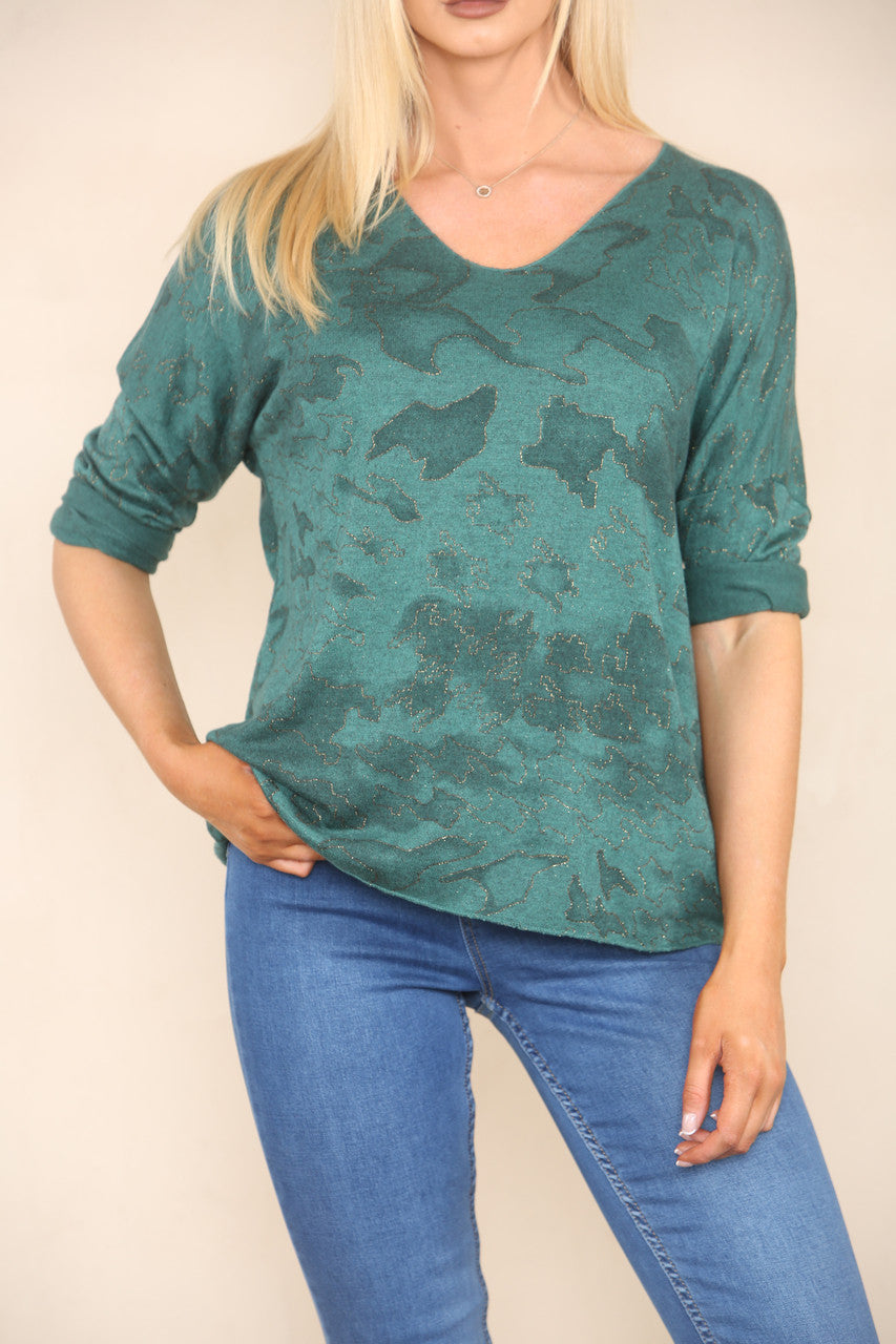 GLITTER CAMOUFLAGE PRINT FINE KNIT JUMPER GREEN