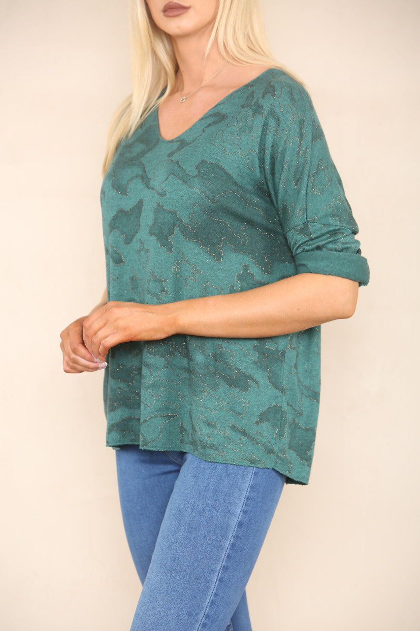 GLITTER CAMOUFLAGE PRINT FINE KNIT JUMPER GREEN