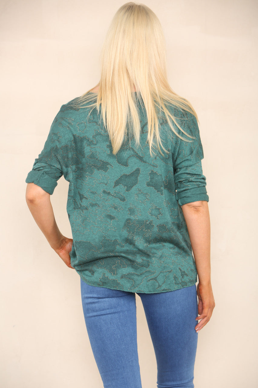 GLITTER CAMOUFLAGE PRINT FINE KNIT JUMPER GREEN