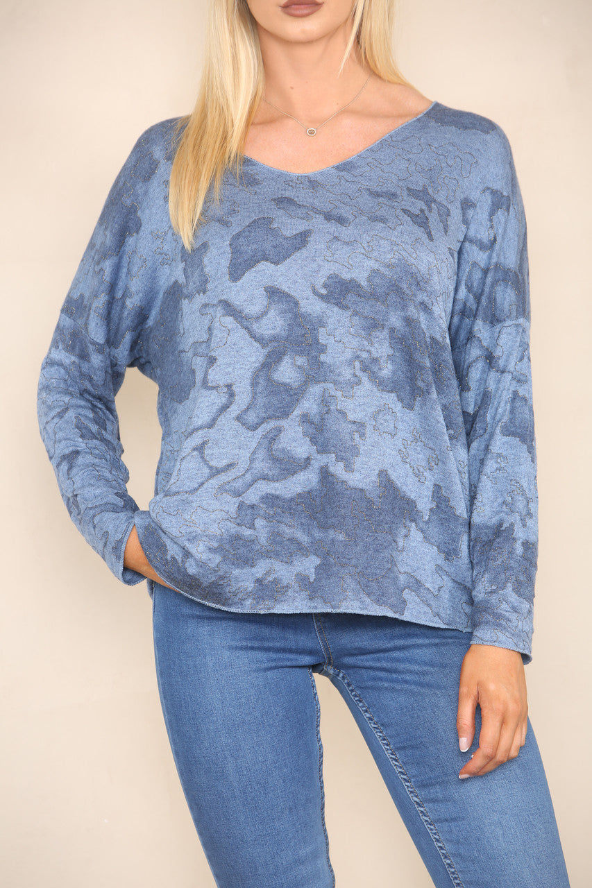 GLITTER CAMOUFLAGEPRINT FIJNGEBREIDE TRUI DENIM