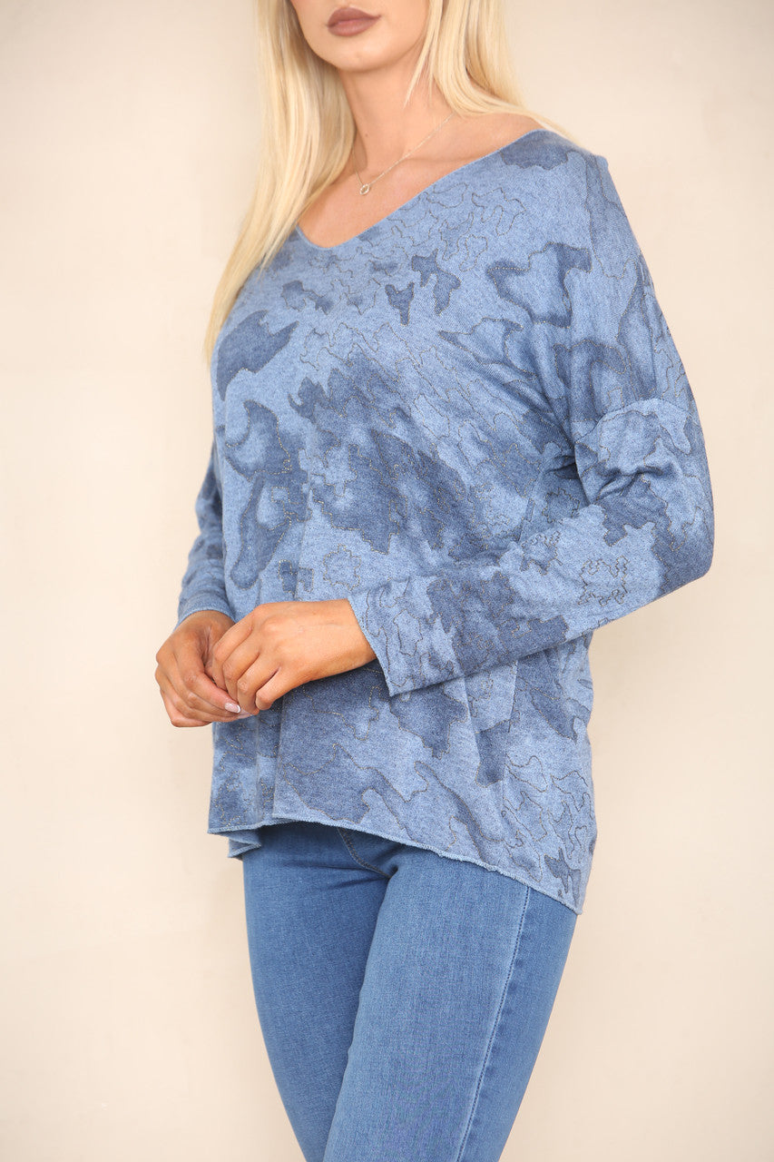 GLITTER CAMOUFLAGEPRINT FIJNGEBREIDE TRUI DENIM