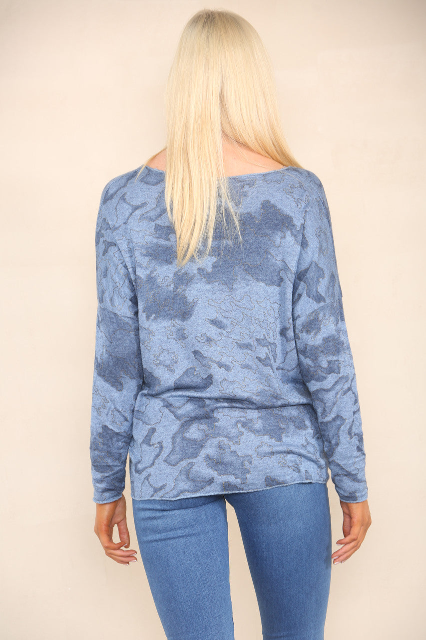 GLITTER CAMOUFLAGEPRINT FIJNGEBREIDE TRUI DENIM