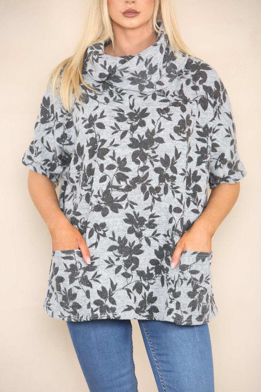 COWL NECK FLORAL PRINT JUMPER WITH POCKETS CHARCOAL