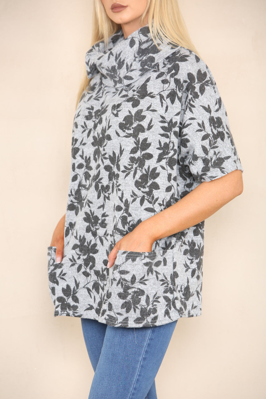 COWL NECK FLORAL PRINT JUMPER WITH POCKETS CHARCOAL